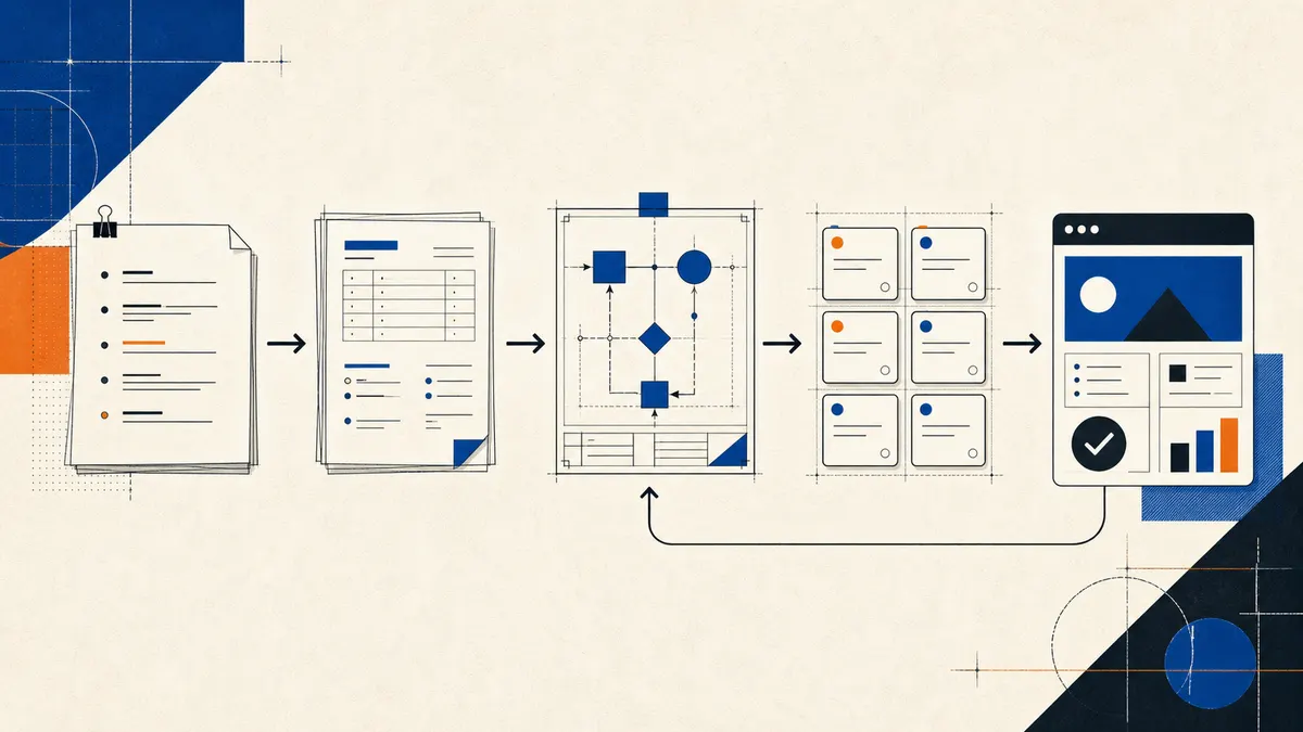 A blueprint-style sequence connecting requirements, specifications, design, tasks, and verified software